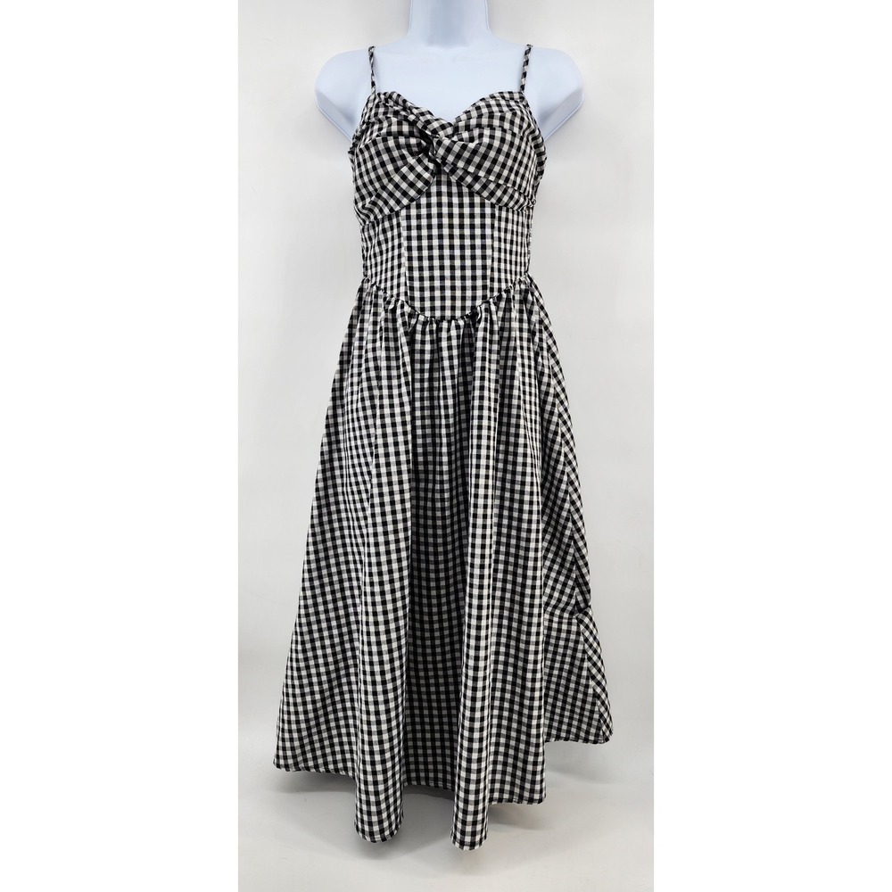 Gingham Knot Front Smocked Back Midi Dress Size 2